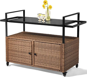 Wicker Outdoor Bar Table with Steel Shelves and Wine Glass Rack
