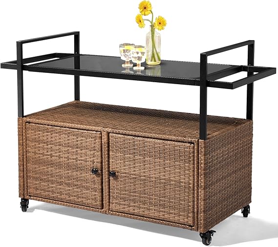 Wicker Outdoor Bar Table with Steel Shelves and Wine Glass Rack