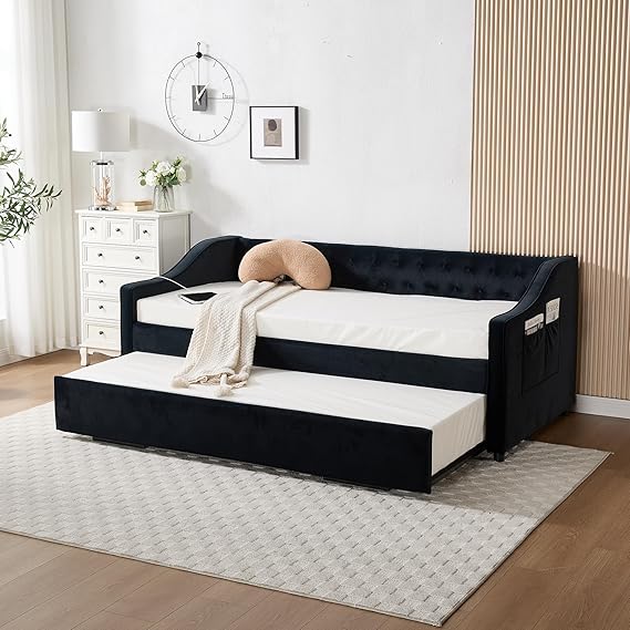 Twin Velvet Daybed with Pop-Up Trundle & USB Ports