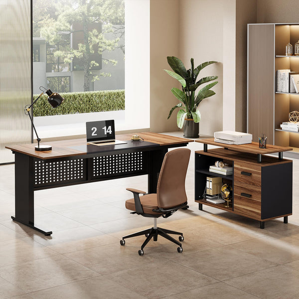 L-Shaped Executive Desk with File Cabinet and Storage Shelves