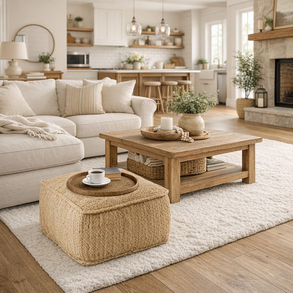 Square Braided Jute Pouf Ottoman 22" x 22" x 14"