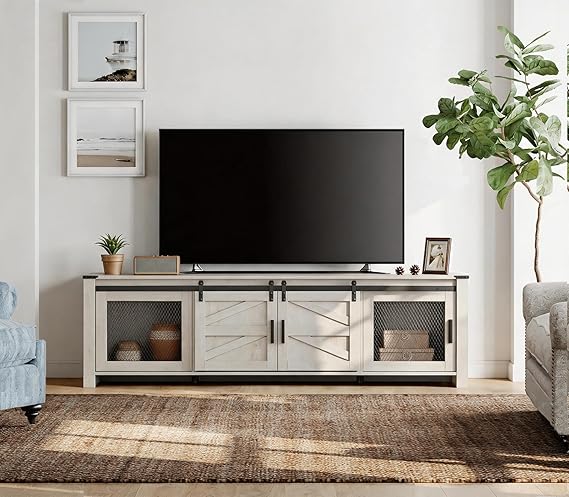 Farmhouse TV Stand for 75" TVs with Sliding Barn Doors