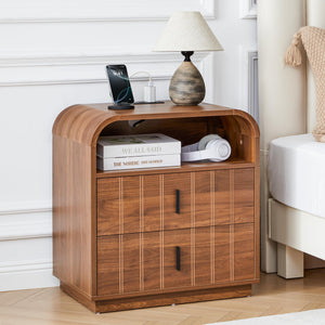 Mid-Century Modern Nightstand with Charging Station & 2 Drawers