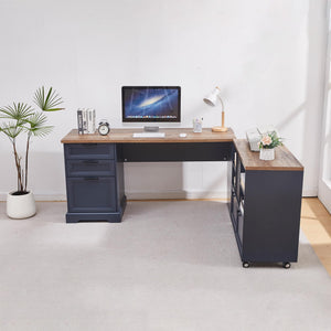 L-Shaped Executive Desk with Adjustable File Cabinet and Charging Station