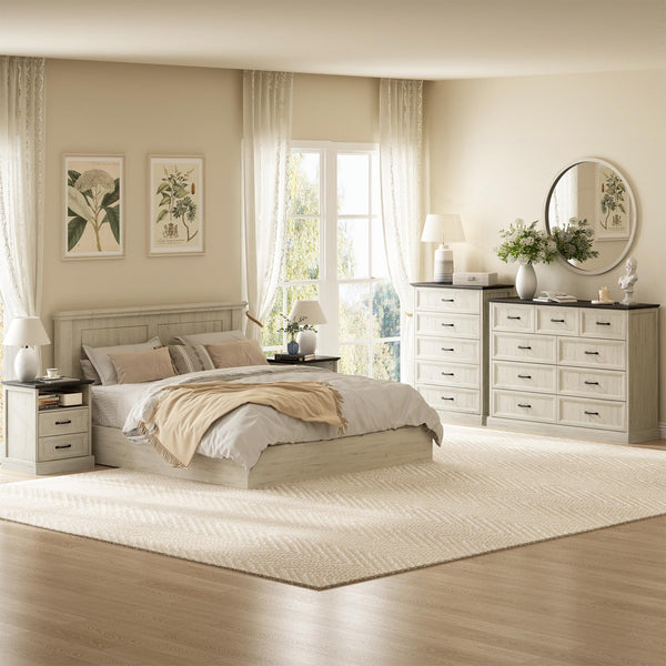 4-Piece Farmhouse Dresser & Nightstand Bedroom Set – 14 Drawers, White