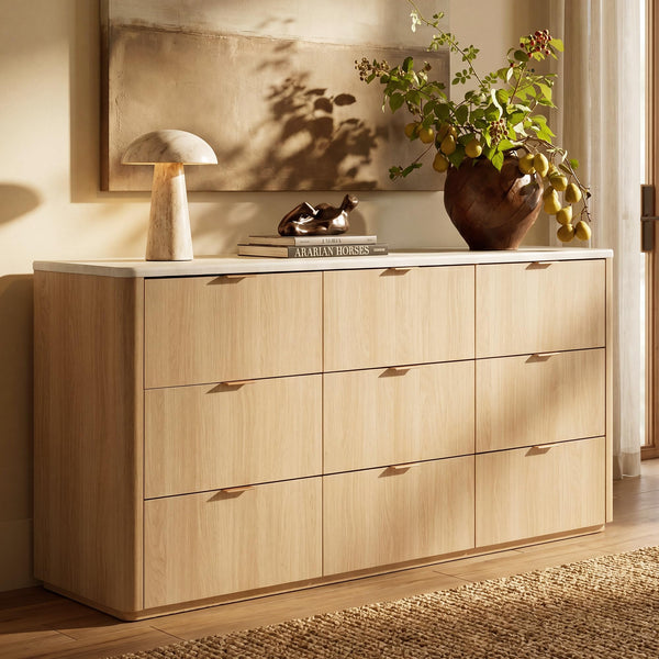 9-Drawer Wide Dresser with Faux Travertine Top