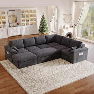 112" Modular Cloud Sectional Sofa, 6-Seater Chenille, Storage Ottoman