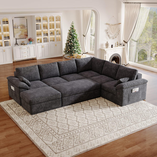 112" Modular Cloud Sectional Sofa, 6-Seater Chenille, Storage Ottoman