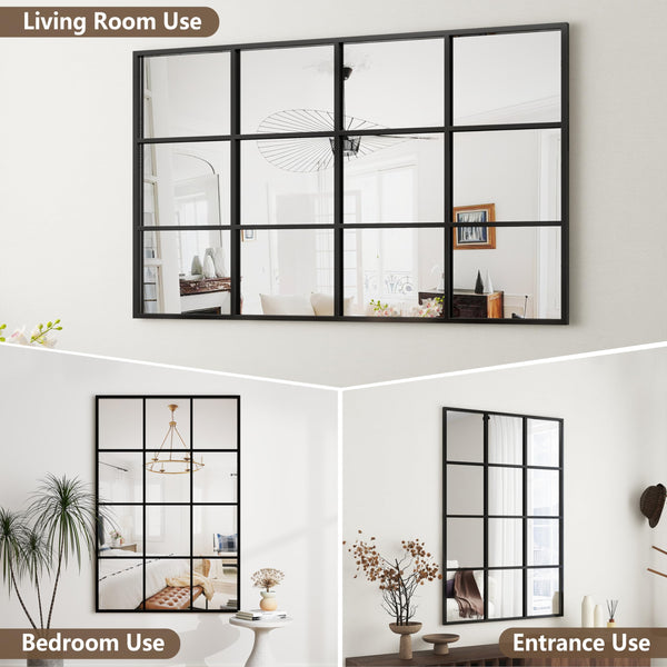 Large Arched Grid Wall Mirror – Matte Black Metal Frame