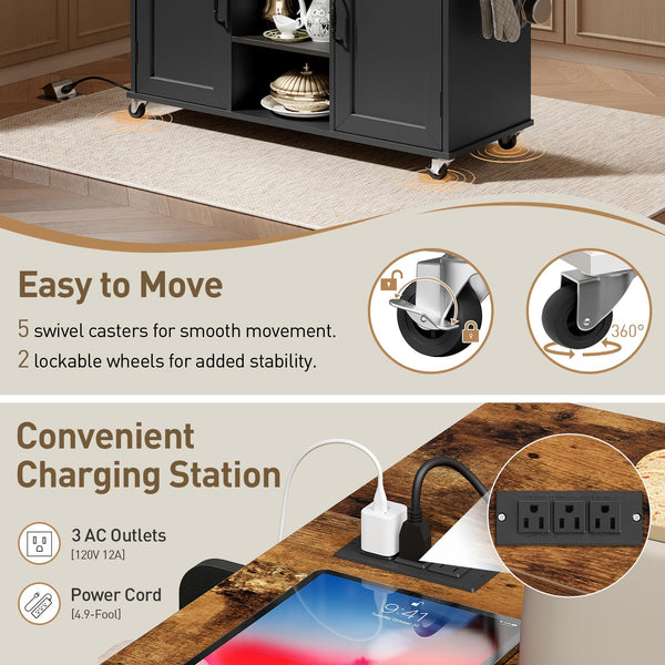 Kitchen Island with Power Outlets & Drop Leaf