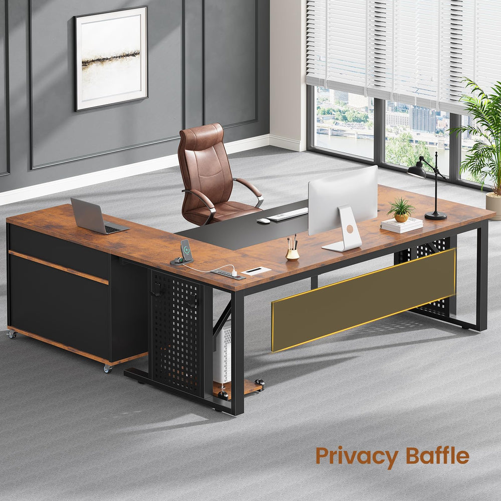 L-Shaped Executive Desk with Rolling File Cabinet, Power Outlets, CPU Stand & Pegboard