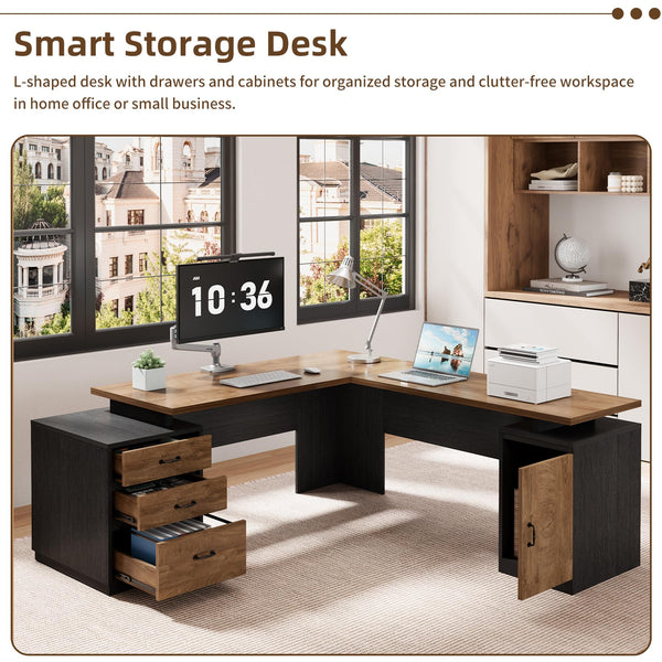 71-Inch L-Shaped Executive Desk with Drawers & Privacy Panel