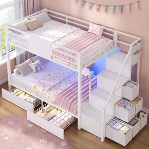 Twin Over Twin Bunk Bed with Stairs & LED Lights