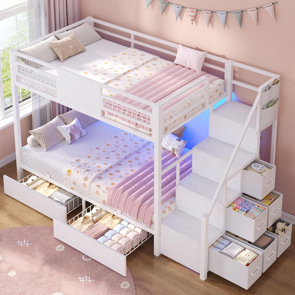 Twin Over Twin Bunk Bed with Stairs & LED Lights