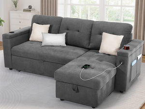 L-Shaped Sleeper Sofa Bed with Storage & USB Charging – Grey
