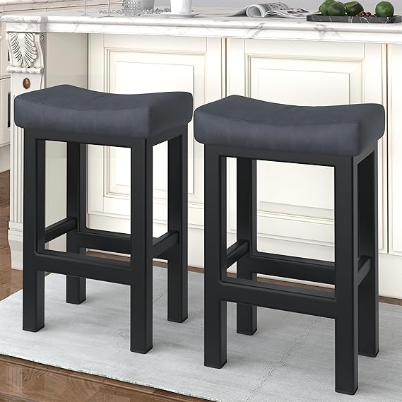 Bar Stools Set of 2, 24 Inch Counter Height Bar Stools for Kitchen Island, Faux Leather Upholstered Thick Saddle Seats & Heavy Duty Metal Base, Easy Assembly, Black