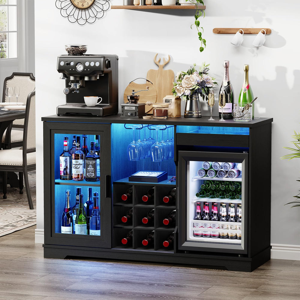 Bar Cabinet with Fridge, LED Lights & Wine Rack