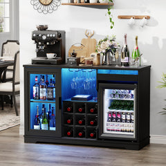 Bar Cabinet with Fridge, LED Lights & Wine Rack