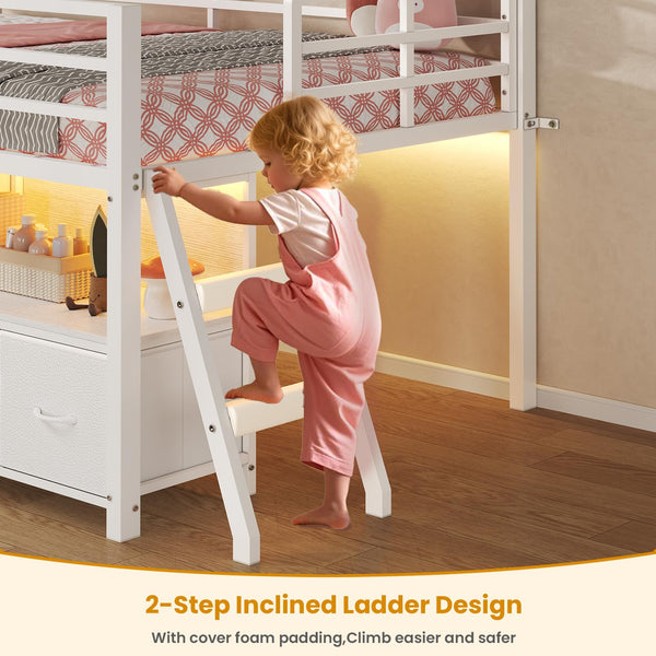 Twin Low Loft Bed with 7 Storage Drawers, LED Lights & Under-Bed Play Space