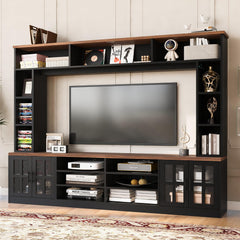 95.5" Wall Unit TV Stand Set with Bookshelves, Entertainment Center for Televisions Up to 80", Large Media Console with Cabinets and Tempered Glass Doors for Living Room