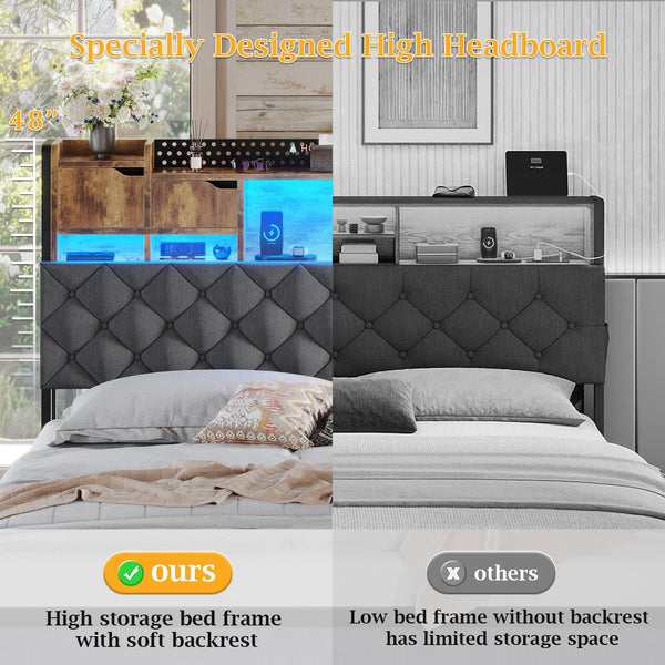 King Size Bed Frame with LED Lights & Storage Headboard