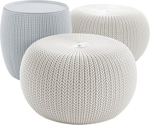 Outdoor Pouf Ottoman Set with Storage Table – 3-Piece Resin Seating