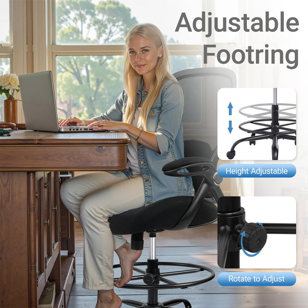 Tall Drafting Chair with Flip-Up Armrests & Adjustable Footrest