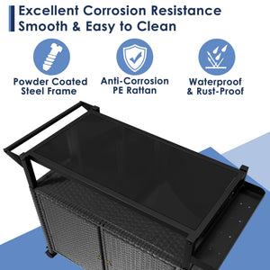 Outdoor Wicker Bar Cart with Cabinet & Tempered Glass Top