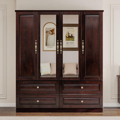 4-Door Solid Wood Armoire Wardrobe with Mirrors & Drawers