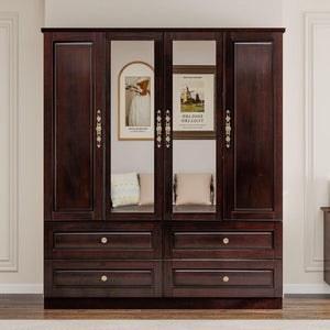4-Door Solid Wood Armoire Wardrobe with Mirrors & Drawers