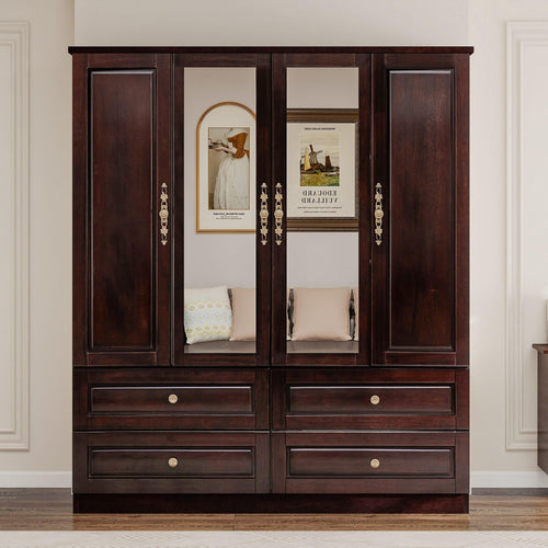 4-Door Solid Wood Armoire Wardrobe with Mirrors & Drawers
