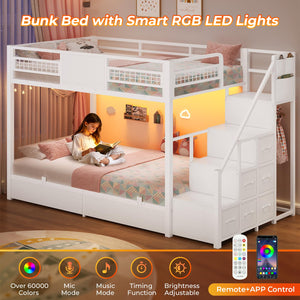 Twin Over Twin Bunk Bed with Stairs & LED Lights