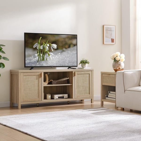 Rattan TV Stand with Storage Cabinets & Adjustable Shelves