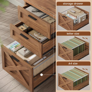 L-Shaped Farmhouse Desk with Drawers, Power Outlets & Storage Shelves