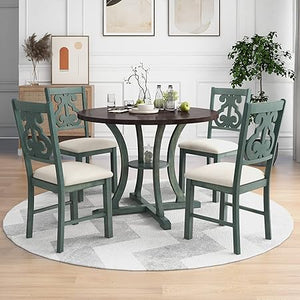 5-Piece Extendable Round Dining Table Set with 4 Upholstered Chairs