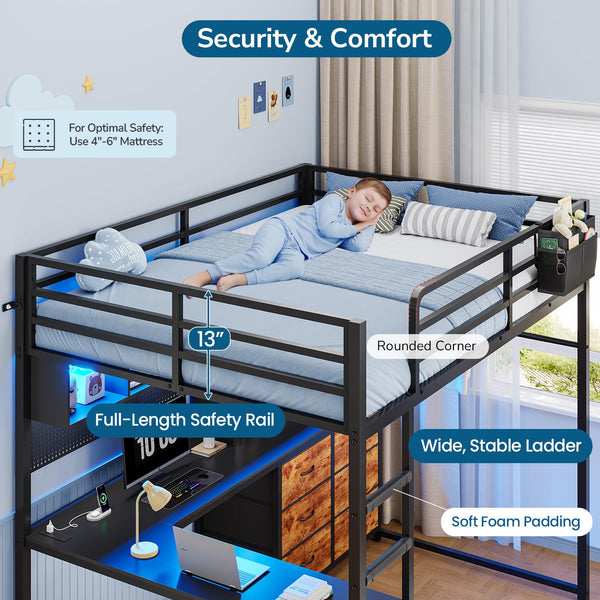 Full Loft Bed with Desk, Storage & LED Lights