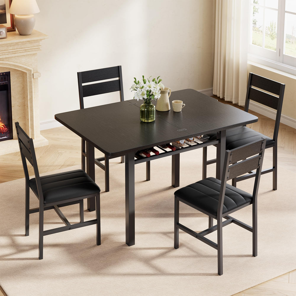 Extendable Dining Table Set for 4 with Upholstered Chairs & Storage Rack
