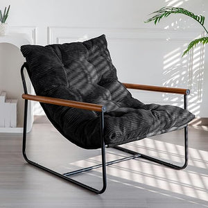 Corded Fabric Accent Chair with Metal Frame & Wooden Armrests