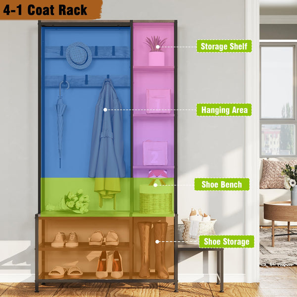 5-in-1 Hall Tree with Shoe Bench, Coat Rack & 4-Tier Shelves, Industrial