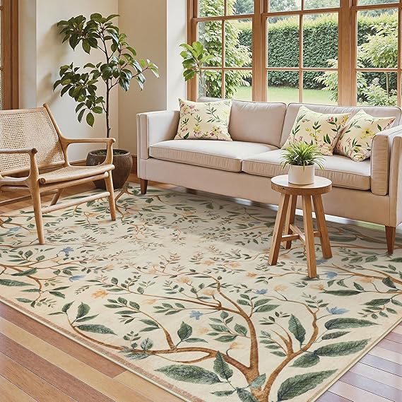 5x7 Washable Area Rug – Floral Botanical Soft Non-Slip