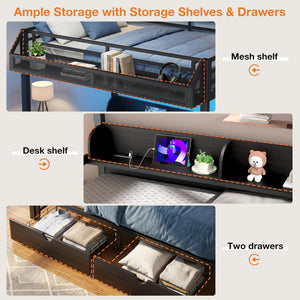 Queen Over Queen Bunk Bed with Storage Drawers, LED Lights & Charging Station