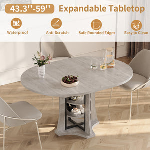 43.3''-59'' Round Extendable Dining Table for 4-6, Modern Kitchen Extendable Dining Room Table with 2-Tier Storage Shelves, Round Oval Dinner Table with Storage for Kitchen Living Room