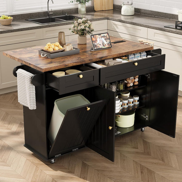 Rolling Kitchen Island Cart with Extendable Table & Power Outlet