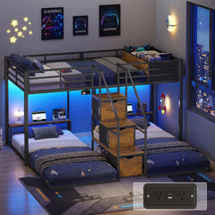 Triple Bunk Bed with Storage Staircase, RGB Lights & Charging Station – Twin Over Twin