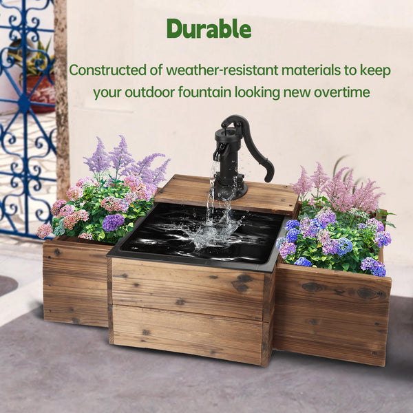 Outdoor Wooden Water Fountain with Hand Pump & Flower Box