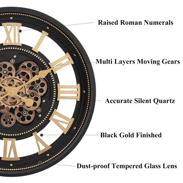 Large Moving Gear Wall Clock – Modern Black & Gold / Antique Champagne