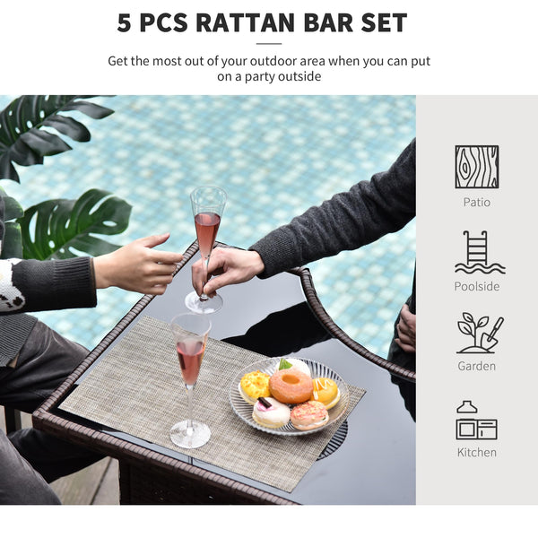 5-Piece Outdoor Rattan Wicker Bar Set with High Top Table and 4 Bar Stools