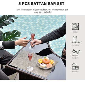 5-Piece Outdoor Rattan Wicker Bar Set with Glass Table & 4 Bar Stools