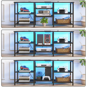 47.2" Metal & Wood TV Stand with Power Outlet, LED Lights & Open Storage Shelves