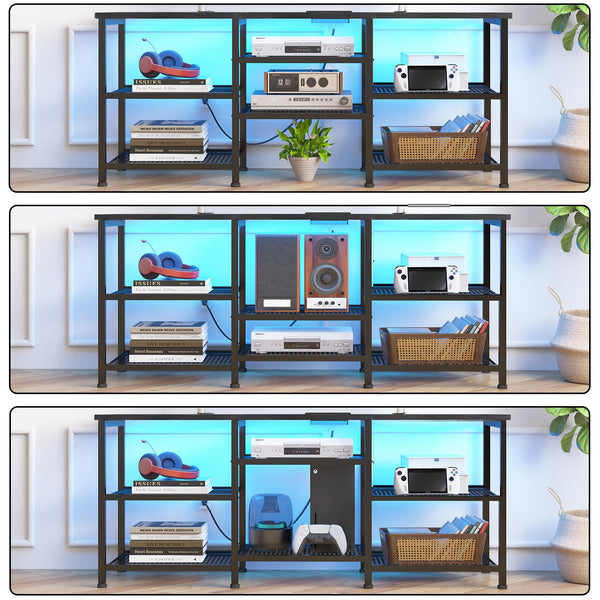 47.2" Metal & Wood TV Stand with Power Outlet, LED Lights & Open Storage Shelves